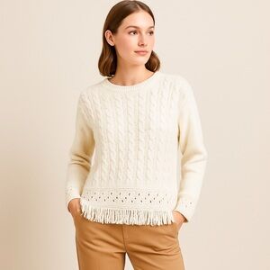 Elsamanda‎ Women Ivory Cable Knit Fringe Hem Sweater M Made in Italy Cozy Fall